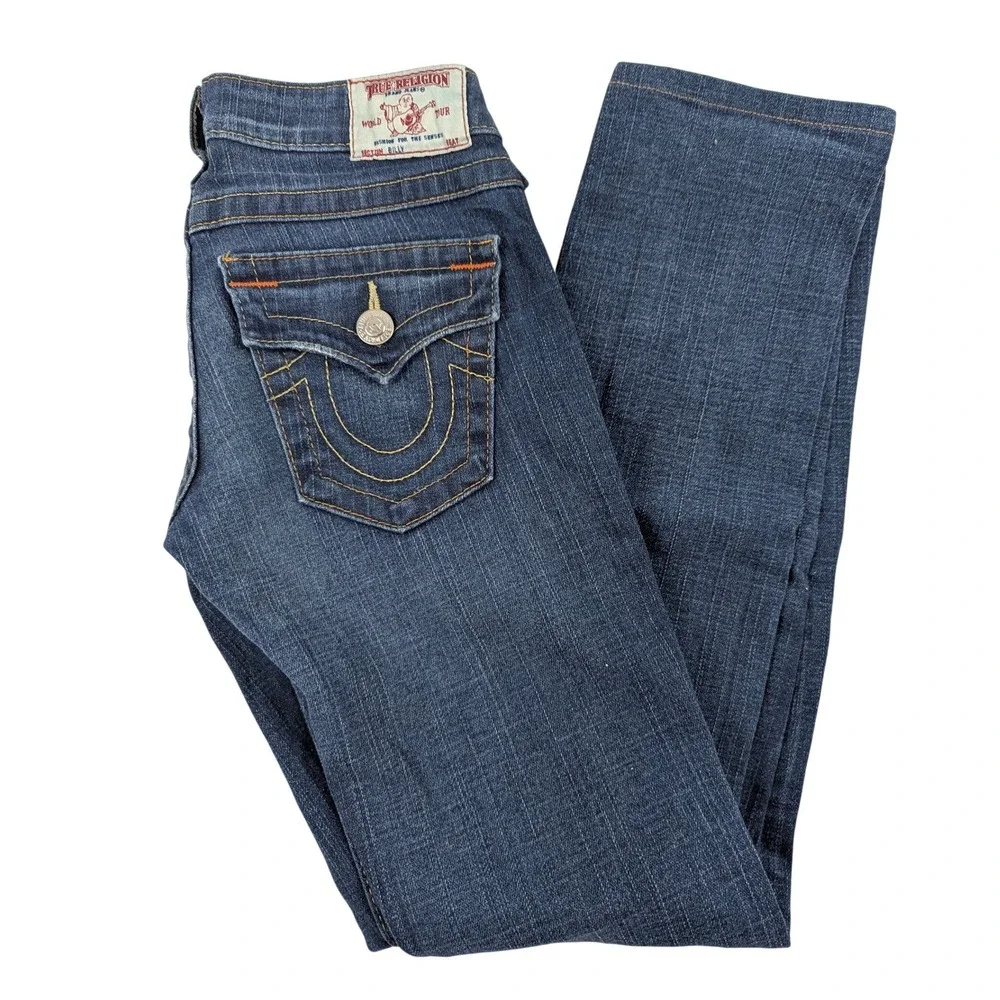 True Religion Billy Men Dark Wash Straight Leg Flap Pocket Jeans Size 25 USA
